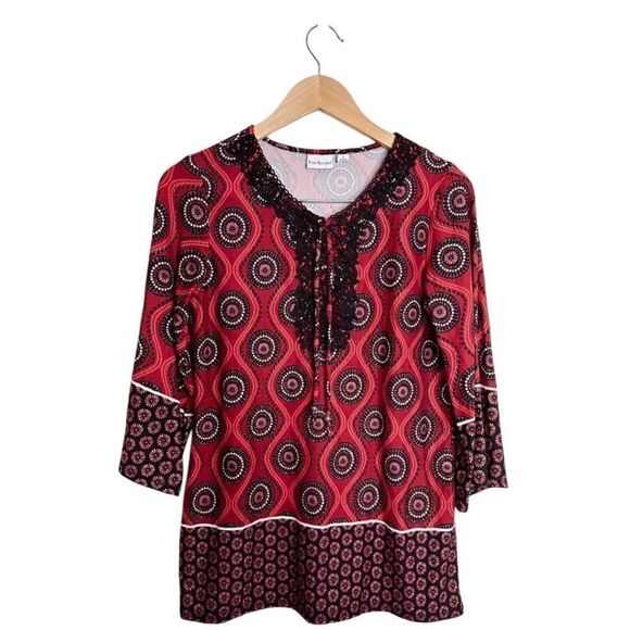 Kim Rogers Tunic Size Small Round Neck Womens Red Black Floral Pattern - Picture 1 of 8